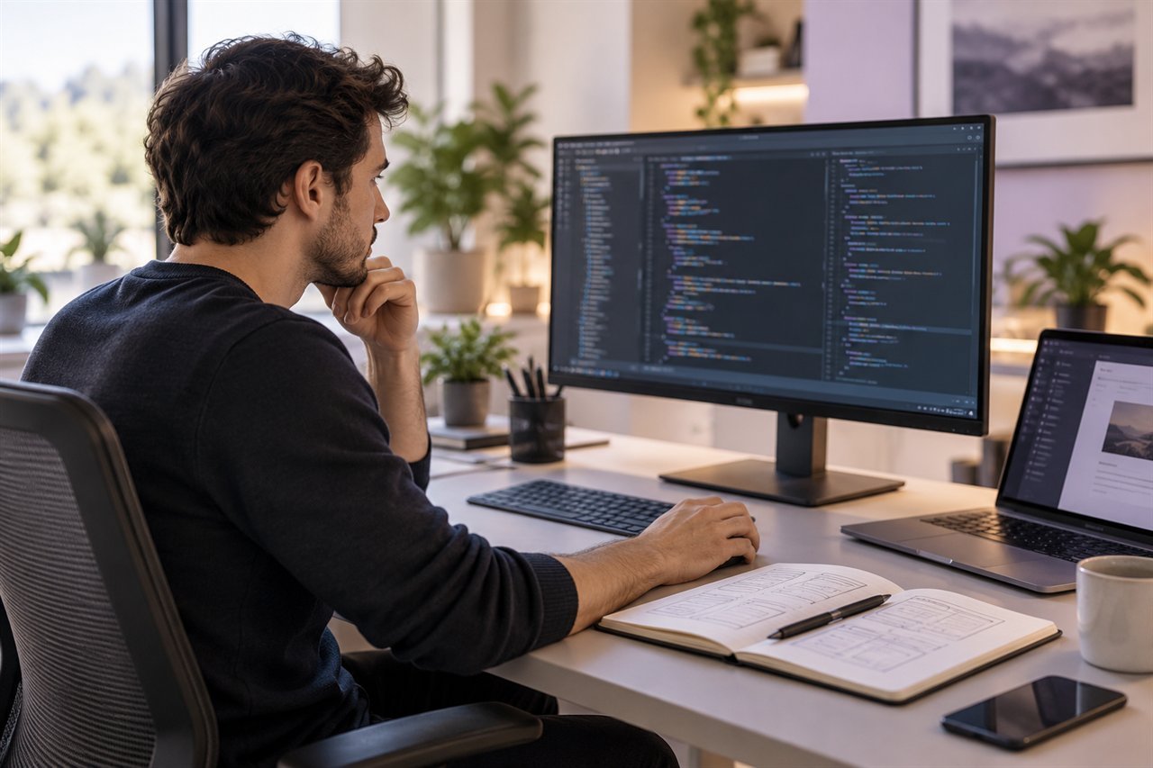 Una persona desarrolla software en un monitor, con bocetos de una interfaz sobre el escritorio.