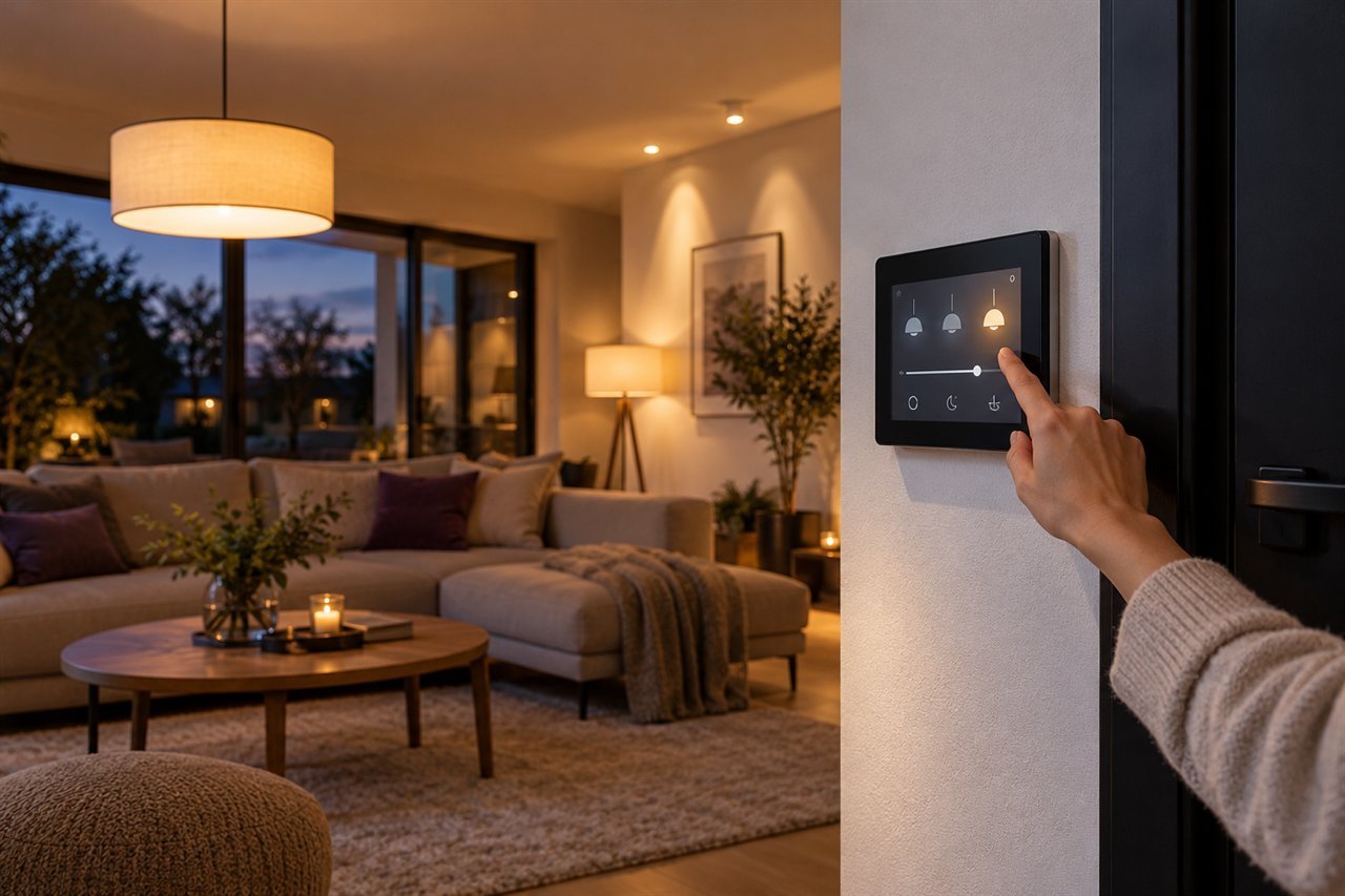 Control de iluminación desde un panel inteligente en una sala con luces cálidas.