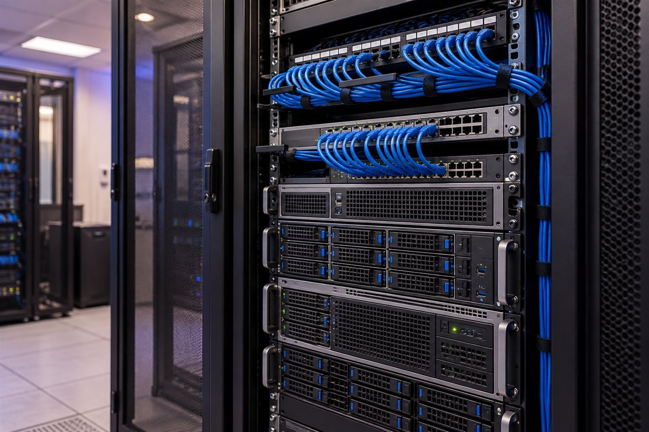 Rack con servidores, equipos de red y cableado organizado.