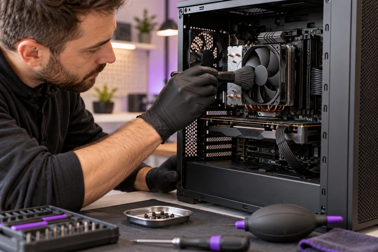 Revisión preventiva del ventilador y del interior de una computadora de escritorio.