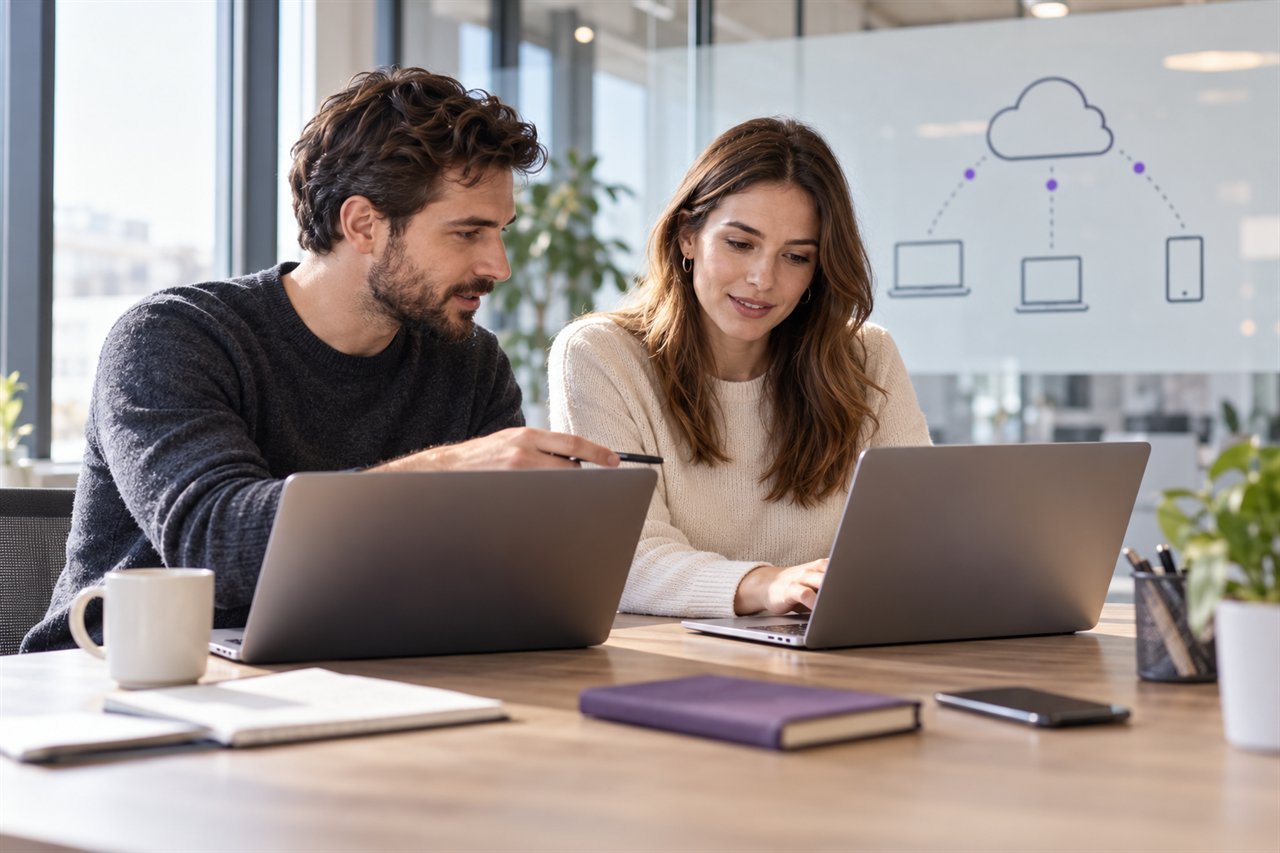 Dos personas colaboran con computadoras portátiles en un espacio de trabajo compartido.