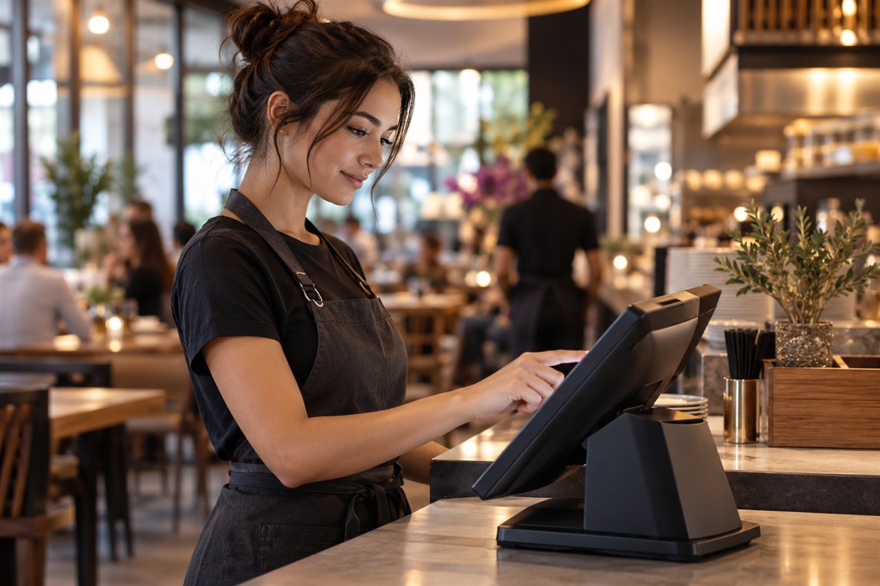 Una persona del personal de un restaurante utiliza una terminal de ventas en el mostrador.