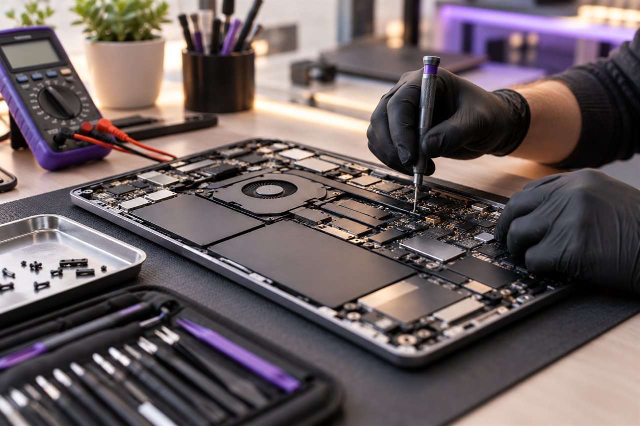 Trabajo técnico con una computadora portátil abierta, herramientas de precisión y multímetro.