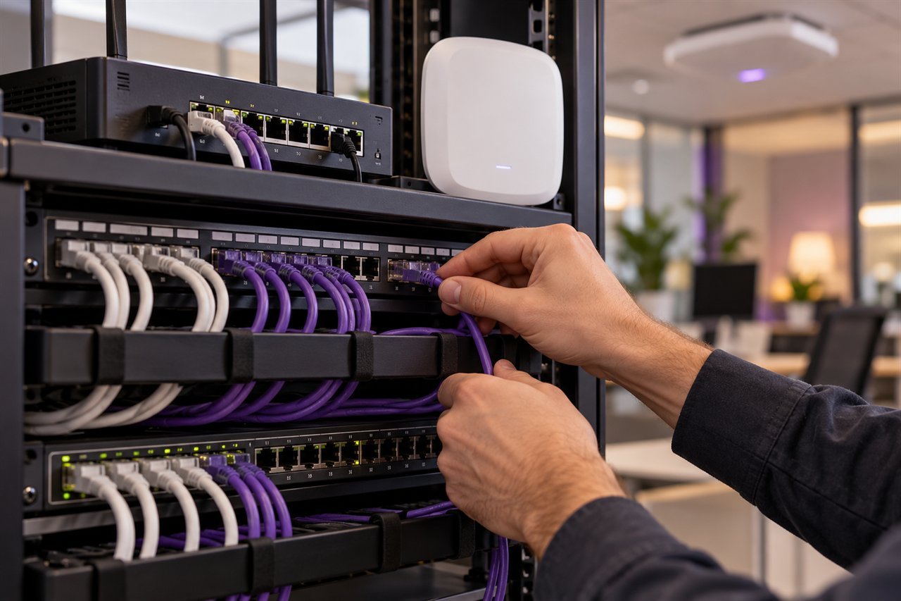 Conexión de cables a un panel de red, con equipos de conectividad en una oficina.